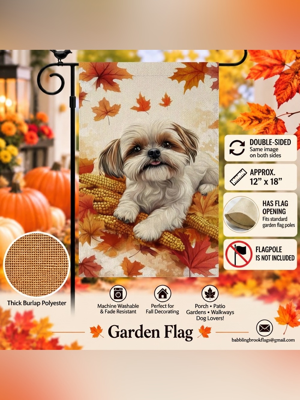 Garden Flag, Autumn Shih Tzu, Burlap, double-sided,12”x18”
